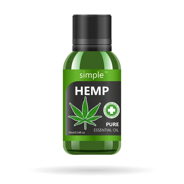 Realistic green glass bottle with cannabis. Mock up of hemp oil extracts, tablets or capsules in jars. Medical Marijuana logo on the label. Vector illustration. — Stock Vector