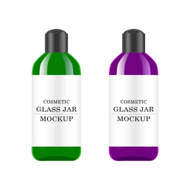 Kozmetik Parfümeri Ürünleri - vücut krem, jel, tereyağı, bodur, şampuan, için plastik kapak ile gerçekçi beyaz kavanoz jel, Cilt Bakımı, toz. Premium ürün. Paket şablon. Vektör yukarı alay.