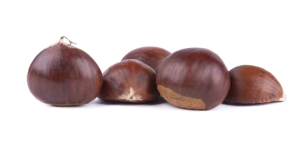 Fresh chestnuts with peeled roasted chestnut isolated on white background. Hippocastanum isolated — Stock Photo, Image