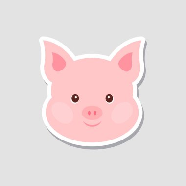 Noel etiket. Pembe domuz portresi. Komik karikatür yüz çiftlik hayvan. Vektör çizim, mutlu yeni yıl.