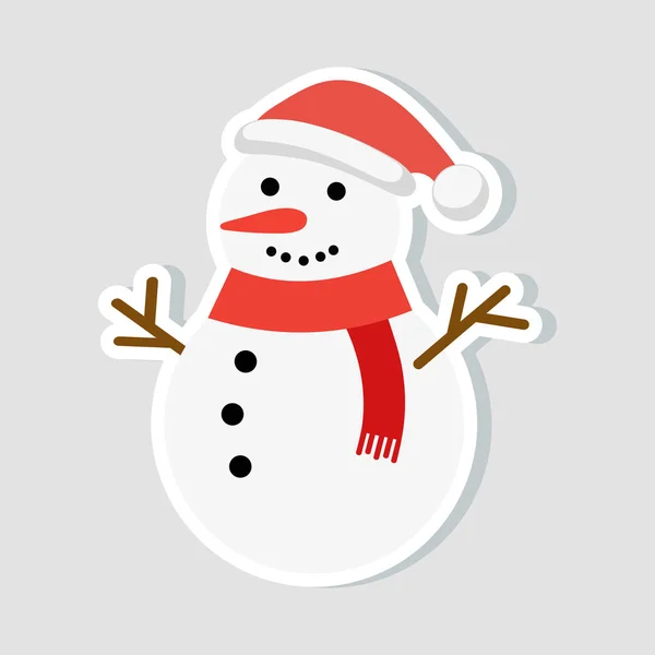 Weihnachtssticker. Schneemann mit Neujahrsmütze und rotem Schal. Winteridylle. Vektorillustration. — Stockvektor