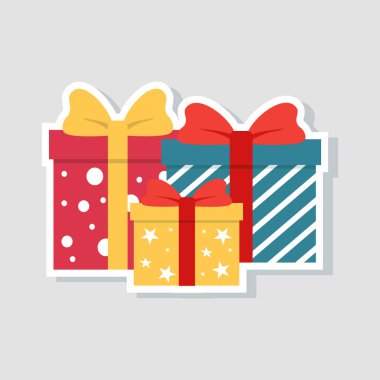 Noel etiket. Hediye kutuları, beyaz izole sunar. Renkli sarılmış. Satış ve alışveriş kavramı