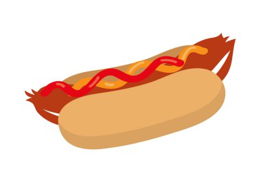 Hotdog ketçap ve hardal ile. Beyaz bir arka plan üzerinde fast food. Düz tasarım stili. Vektör çizim