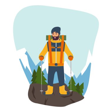 Dağcı trekking sopa ile el ve dağlarda yürüyüş için tam viteste karikatür. Spor ve rekabet kavramı. Düz tasarım stili. Vektör çizim.