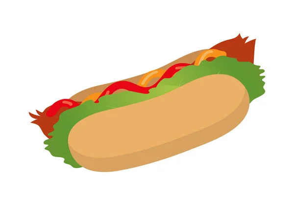 Ketçap, hardal ve marul yaprağı Hotdog. Beyaz bir arka plan üzerinde fast food. Düz tasarım stili. Vektör çizim — Stok Vektör