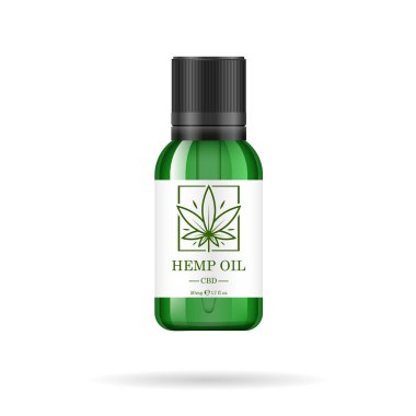 Kenevir yağı ile gerçekçi yeşil cam şişe. Kenevir yağı özler kavanoz kadar alay. Tıbbi marihuana logosuna etiket. Vektör çizim.