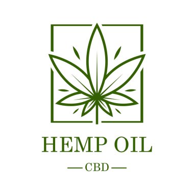 Marihuana yaprağı. Tıbbi esrar. Kenevir yağı. Esrar özü. Simge ürün etiket ve logo grafik şablonu. İzole vektör çizim.