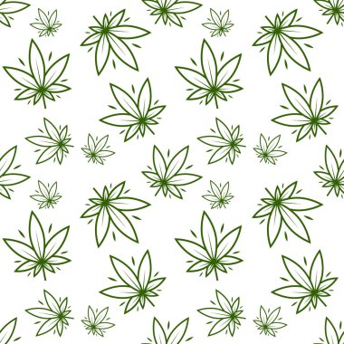 Kenevir bitki, marihuana yaprağı, tıbbi esrar, beyaz zemin üzerine Dikişsiz desen. Vektör çizim.