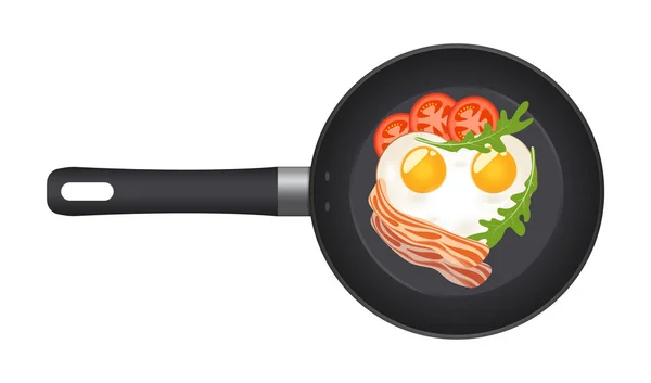 Pan with fried egg in the shape of a heart, with bacon, tomatoes and arugula. Top view. Creative design for breakfast menu, cafe, restaurant. Vector illustration. — Stock Vector