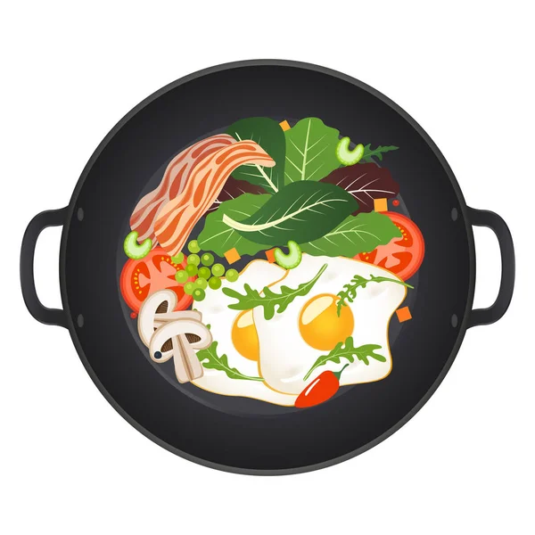 Poêle à frire chaude avec œufs frits, bacon, champignons, tomates et laitue, vue sur le dessus. Isolé sur fond blanc. Illustration vectorielle . — Image vectorielle