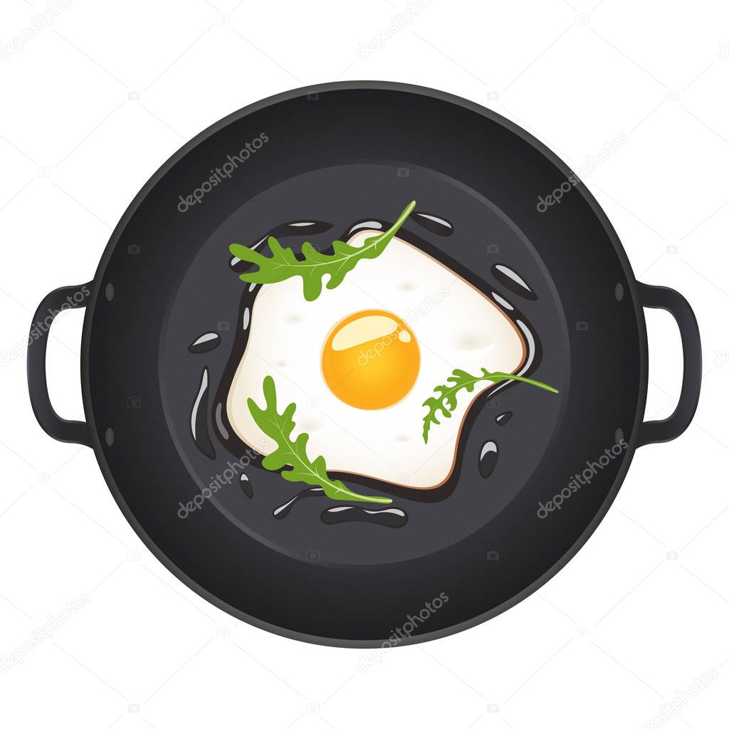 Fried eggs with arugula on frying pan, top view. Isolated on white background. Vector illustration.