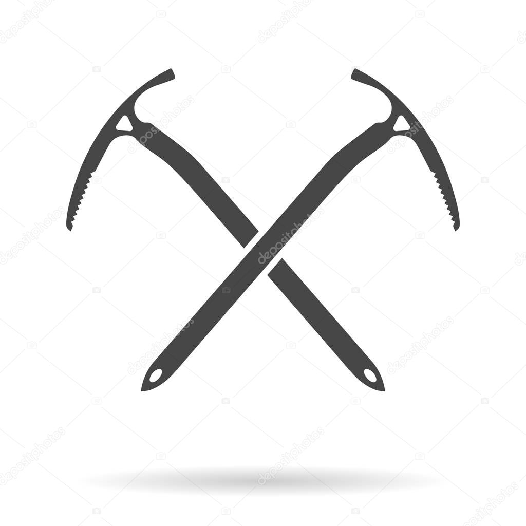 Crossed ice axes for climbing and mountaineering. Mountain equipment. Vector illustration