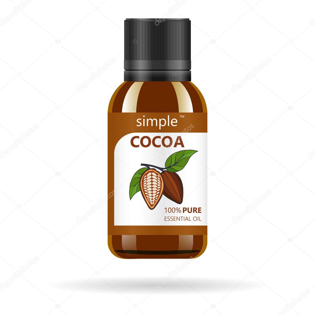 Realistic brown glass bottle with cocoa extract. Beauty and cosmetics oil - cacao. Product label and logo template. Isolated vector illustration.