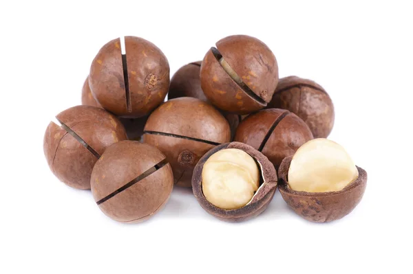 Macadamia-Nüsse, isoliert auf weißem Hintergrund. geschälte und ungeschälte Macadamia. — Stockfoto