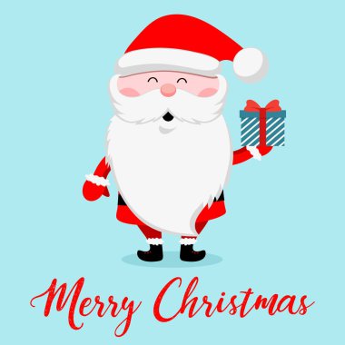 Komik Noel Baba hediye kutusu ile. Noel ve yılbaşı tebrik kartları tasarımı. Vektör çizim.