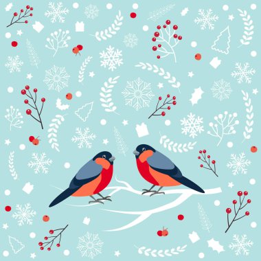 Dağ kül karla kaplı dalı oturan şakrak kuşu ile Seamless modeli. Noel ve yılbaşı tebrik kartları tasarımı. Vektör çizim.