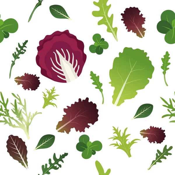 Mischung aus Salatblättern. Rucola, Spinat, Salatblatt, Brunnenkresse und Radicchio. nahtloses Muster. Vektorillustration. — Stockvektor