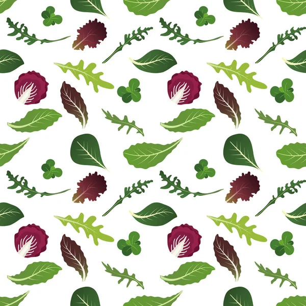 Mélange de feuilles de salade. Roquette, épinards, feuilles de laitue, cresson et radicchio. Modèle sans couture. Illustration vectorielle . — Image vectorielle