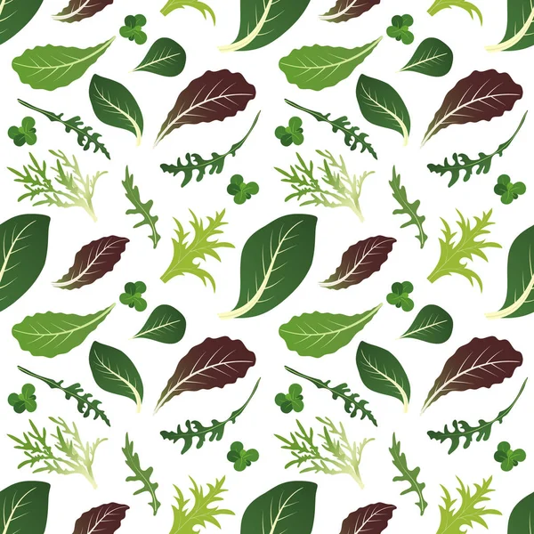 Mélange de feuilles de salade. Roquette, épinards, feuilles de laitue, cresson et radicchio. Modèle sans couture. Illustration vectorielle . — Image vectorielle