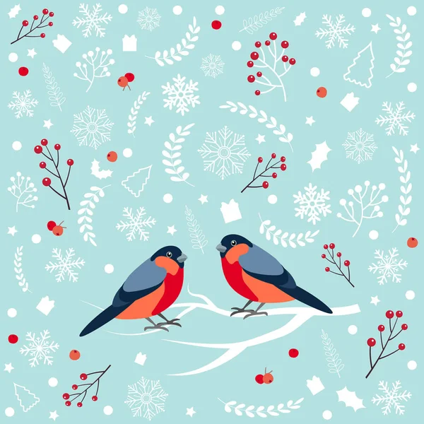 Nahtloses Muster mit Gimpel, der auf einem schneebedeckten Ast der Eberesche sitzt. Weihnachten und Neujahr gestalten Grußkarten. Vektorillustration. — Stockvektor