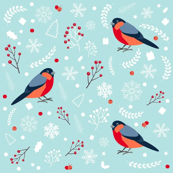 Nahtloses Muster mit Gimpel. Weihnachten und Neujahr gestalten Grußkarten. Vektorillustration. — Stockvektor