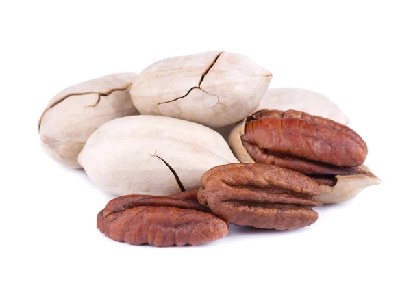 Pecan nuts, isolated on white background. Shelled and unshelled pecan. — Stock Photo, Image