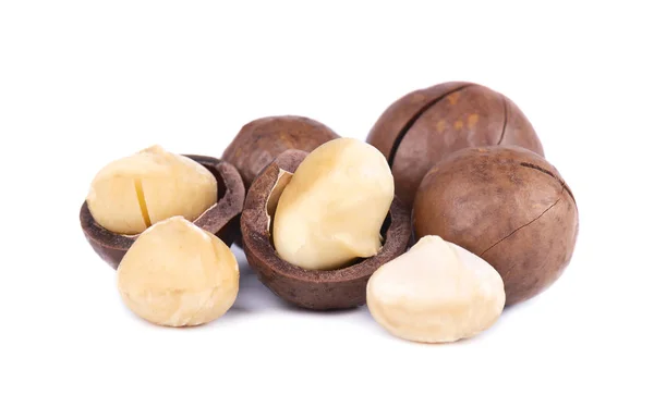 Macadamia noten, geïsoleerd op een witte achtergrond. Geschild en unshelled macadamia. — Stockfoto