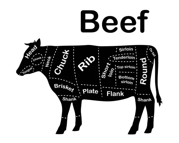 Vlees cuts - rundvlees. Diagrammen voor slagerij. Schema van rundvlees. Dierlijke silhouet rundvlees. Gids voor het snijden. Vectorillustratie. — Stockvector