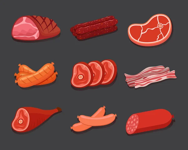 Hús ikon készlet. Különböző húsipari termékek, kolbász, szalonna és steak. Vektoros illusztráció. — Stock Vector