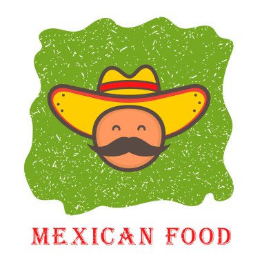 Sevimli Meksika adam yüz Ulusal Fötr şapkalı. logo tasarım şablonu. Meksika yemeği. Düz stil, çizgi film karakteri resimde vektör