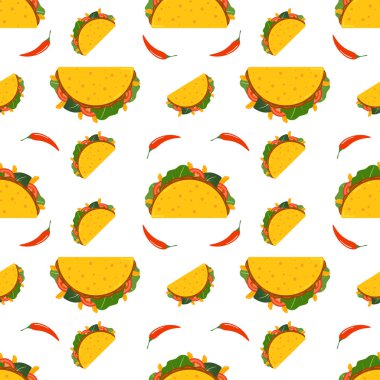 Geleneksel Meksika taco. Taco logo restoran veya cafe tasarımı için. Meksika yemeği. Vektör çizim seamless modeli.