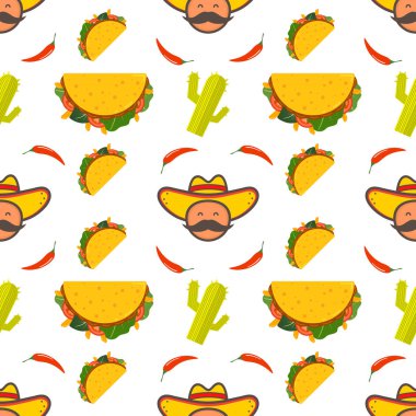 Geleneksel Meksika taco. Taco logo restoran veya cafe tasarımı için. Meksika yemeği. Vektör çizim seamless modeli.