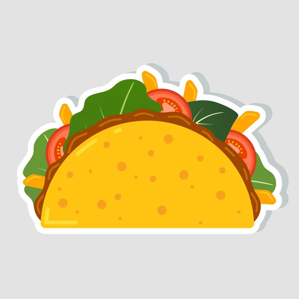 Geleneksel Meksika taco. Sığır eti veya tavuk, et sosu, yeşil salata ve kırmızı domates baharatlı lezzetli Taco. Taco logo restoran veya cafe tasarımı için. Meksika yemeği. Vektör çizim. — Stok Vektör