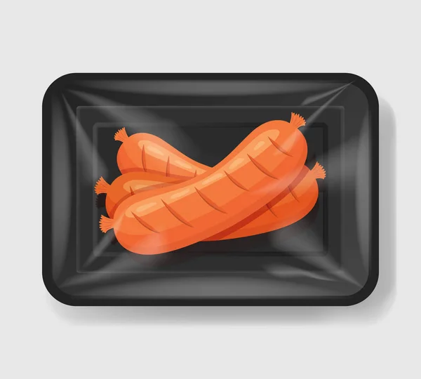 Sausages in plastic tray container with cellophane cover. Mockup template for your design. Plastic food container. Vector illustration. — Stock Vector