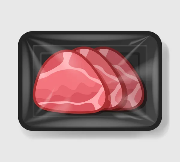 Baked glazed ham in plastic tray container with cellophane cover. Mockup template for your design. Plastic food container. Vector illustration. — Stock Vector