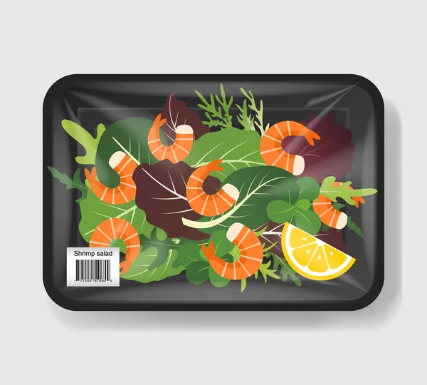 Ensalada de camarones. Mezcla de hojas de ensalada con camarones en bandeja de plástico con cubierta de celofán. Plantilla de burla para tu diseño. Envase de plástico. Ilustración vectorial . — Vector de stock