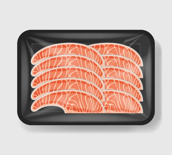 Salmón en recipiente de plástico con tapa de celofán. Plantilla de burla para tu diseño. Envase de plástico. Ilustración vectorial . — Archivo Imágenes Vectoriales