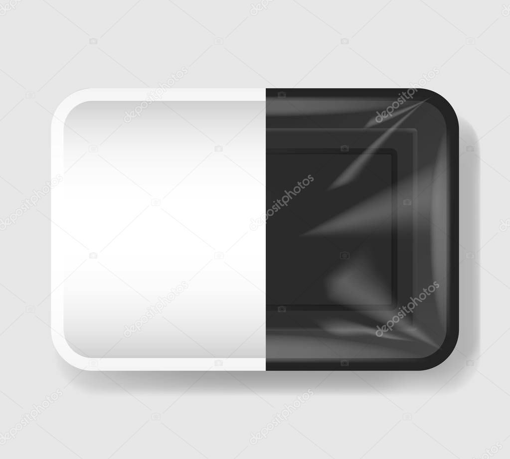 Plastic tray container with cellophane cover. Mockup template for your design. Plastic food container with clear white label template. Vector illustration.