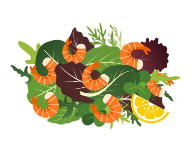 Taze salata karışımı karides ve limon ile bırakır. Vektör çizim.