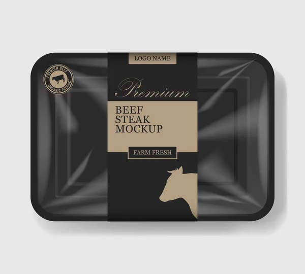 Beef steak packaging. Plastic tray container with cellophane cover. Mockup template for your meat design. Plastic food container. Vector illustration. — Stock vektor