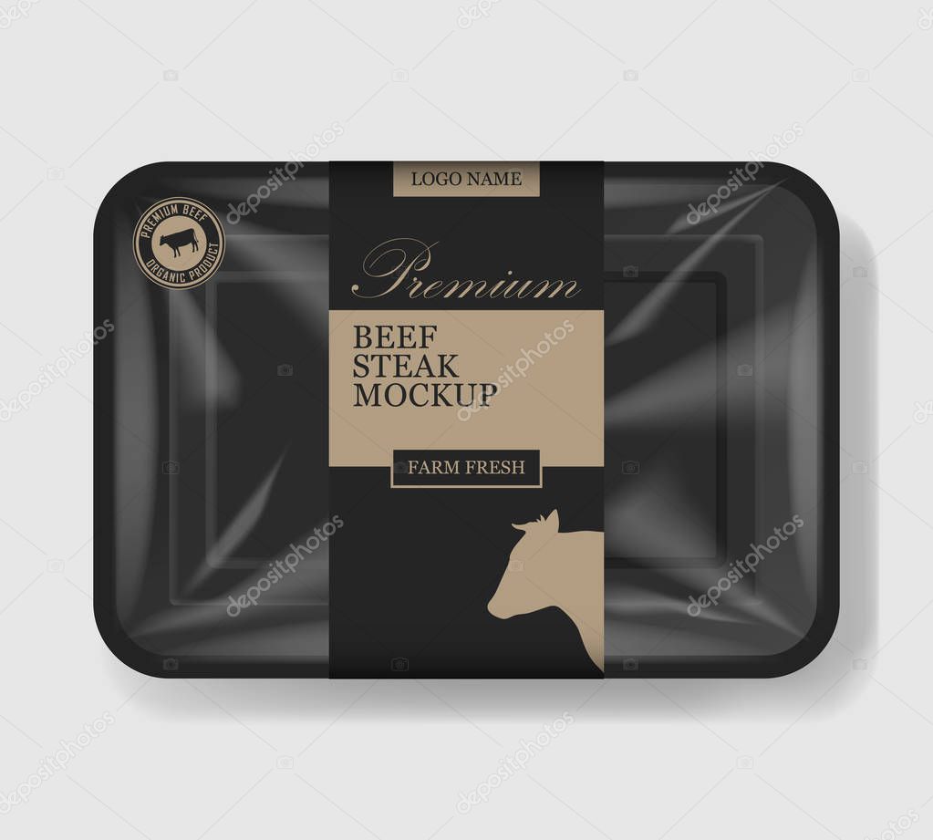 Beef steak packaging. Plastic tray container with cellophane cover. Mockup template for your meat design. Plastic food container. Vector illustration.