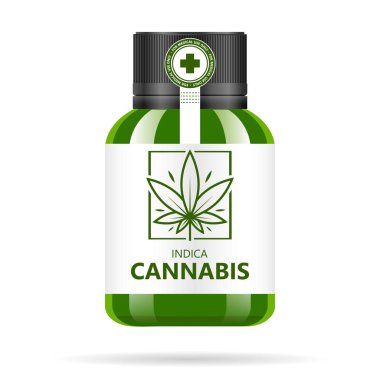 Esrar ile gerçekçi yeşil cam şişe. Alay kadar kenevir yağı özleri, tablet veya kapsül kavanozlarda. Tıbbi marihuana logosuna etiket. Vektör çizim.