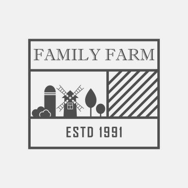 Aile çiftliği kavramı logo. Çiftlik manzara şablonu. Etiketi, organik ve doğal tarım ürünleri. Koyu gri arka plan üzerinde izole logo. Vektör çizim.