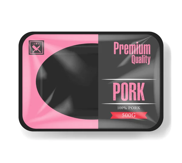 Embalagem de carne de porco. Recipiente de bandeja de plástico com tampa de celofane. Modelo de Mockup para o seu design. Recipiente de comida de plástico. Ilustração vetorial . — Vetor de Stock