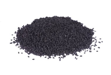 Siyah kimyon tohumu, beyaz arka plan üzerinde izole. Nigella sativa.