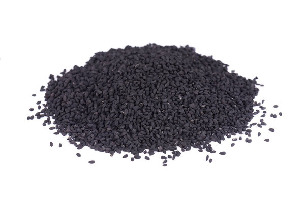 Black cumin seeds, isolated on white background. Nigella sativa.