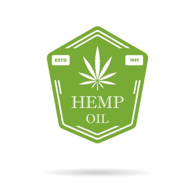 Marihuana yaprağı. Tıbbi esrar. Kenevir yağı. Esrar özü. Simge ürün etiket ve logo grafik şablonu. İzole vektör çizim.