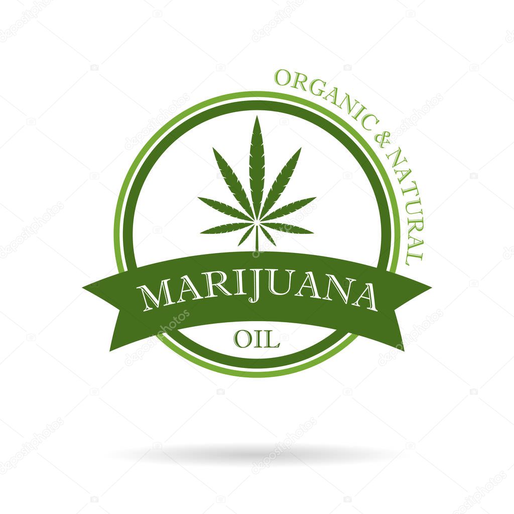 Marijuana leaf. Medical cannabis. Hemp oil. Cannabis extract. Icon product label and logo graphic template. Isolated vector illustration.