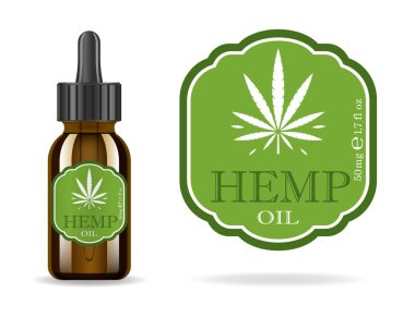 Esrar, kenevir, kenevir yağı. Esrar ayıklamak ile gerçekçi kahverengi cam şişe. Simge ürün etiket ve logo grafik şablonu. İzole vektör çizim.