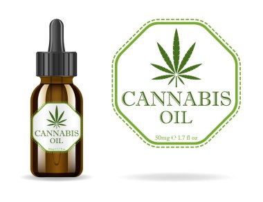 Esrar, kenevir, kenevir yağı. Esrar ayıklamak ile gerçekçi kahverengi cam şişe. Simge ürün etiket ve logo grafik şablonu. İzole vektör çizim.